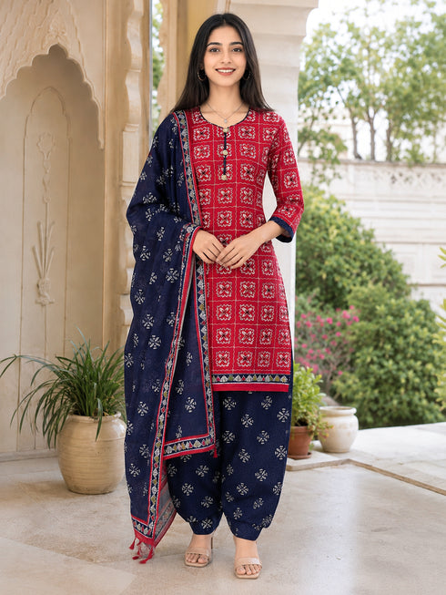 Dark Magenta Pink Cotton Blend Printed Ready to Wear Patiala Salwar Suit