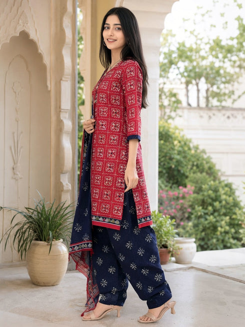 Dark Magenta Pink Cotton Blend Printed Ready to Wear Patiala Salwar Suit
