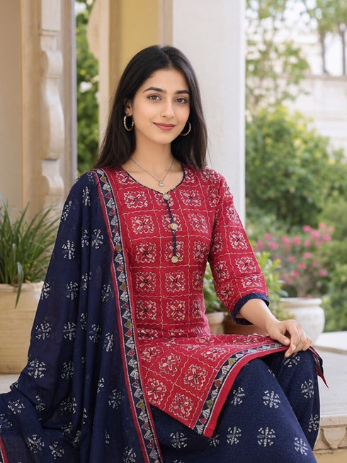 Dark Magenta Pink Cotton Blend Printed Ready to Wear Patiala Salwar Suit