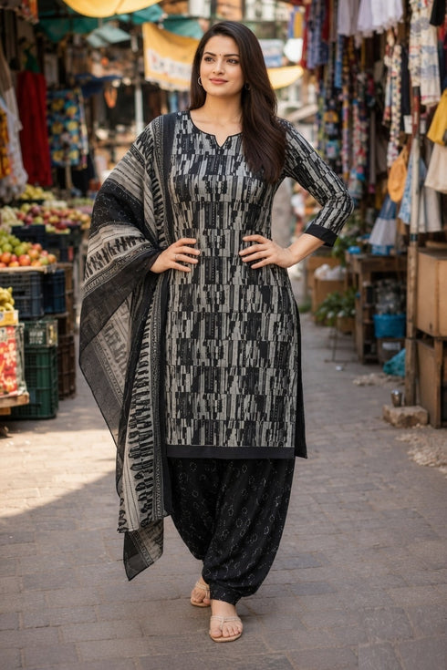Black & Grey Cotton Blend Printed Ready to Wear Patiala Salwar Suit