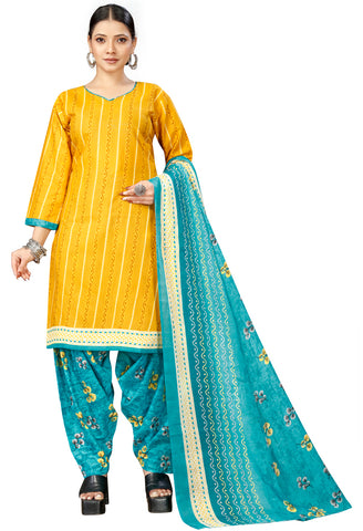 Mustard Cotton Blend Printed Readymade Patiala Salwar Suit