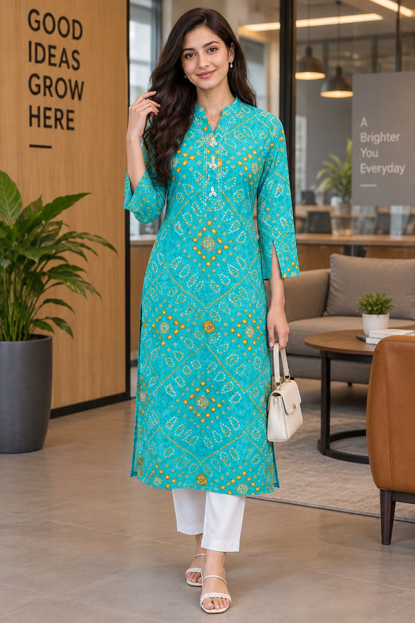 Turquoise Pure Cotton Bandhej Printed Kurti