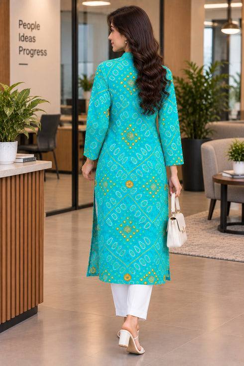 Turquoise Pure Cotton Bandhej Printed Kurti