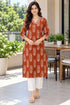 Rust Pure Cotton Ikat Printed Kurta For Women