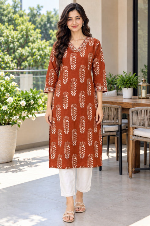 Rust Pure Cotton Ikat Printed Kurta For Women