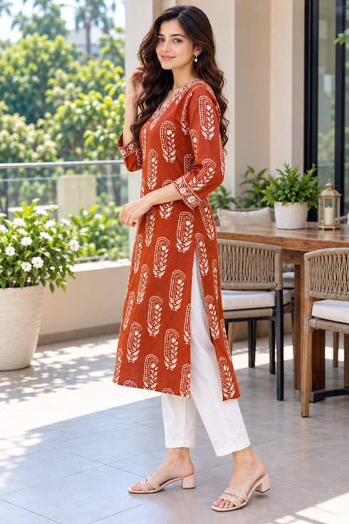 Rust Pure Cotton Ikat Printed Kurta For Women