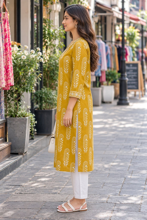 Mustard Pure Cotton Ikat Printed Kurta For Women