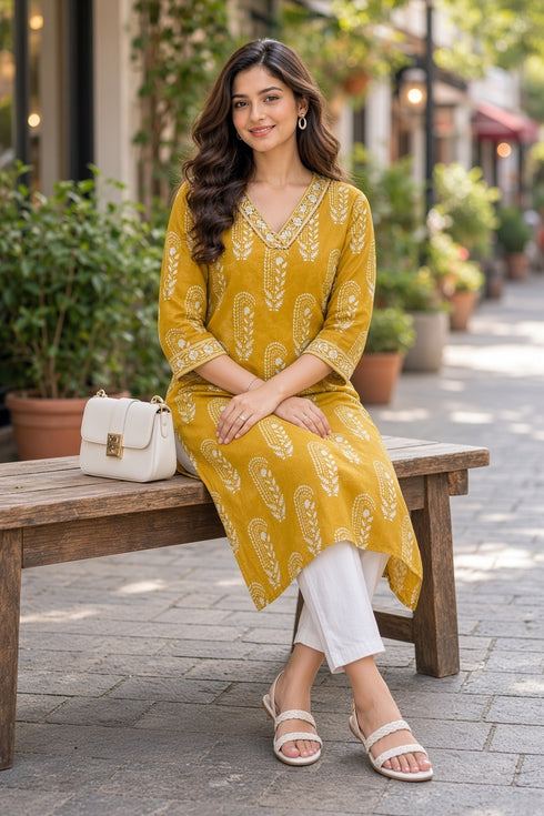 Mustard Pure Cotton Ikat Printed Kurta For Women