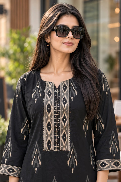 Black Pure Cotton Ikat Printed Kurta For Women