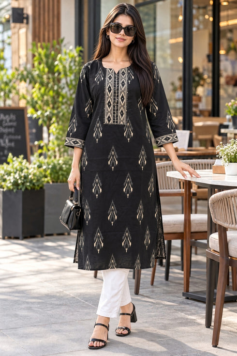 Black Pure Cotton Ikat Printed Kurta For Women