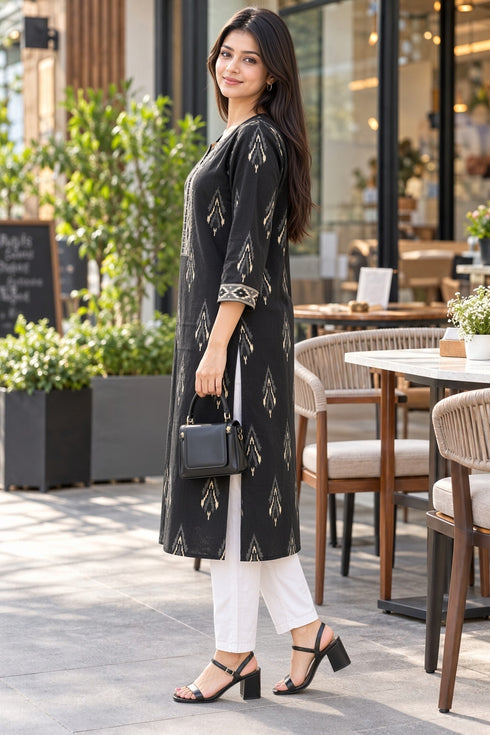 Black Pure Cotton Ikat Printed Kurta For Women