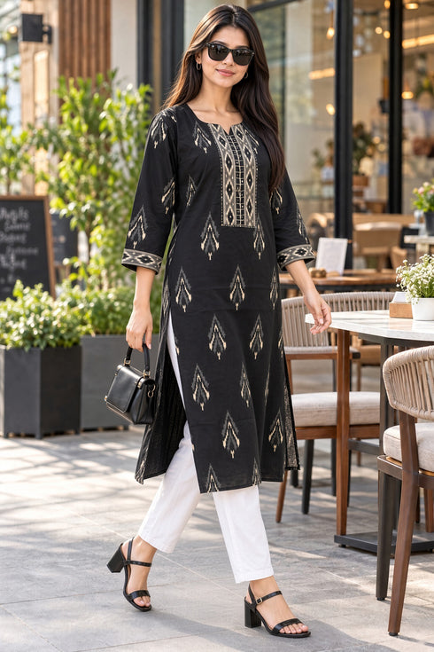Black Pure Cotton Ikat Printed Kurta For Women