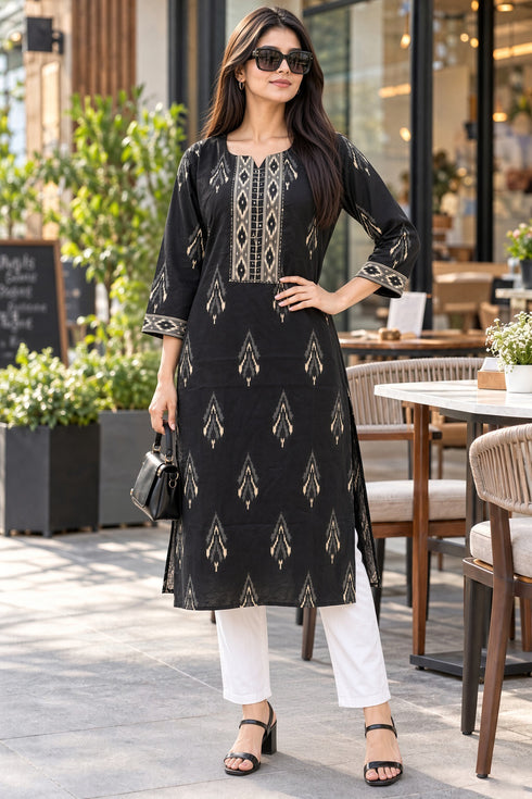 Black Pure Cotton Ikat Printed Kurta For Women