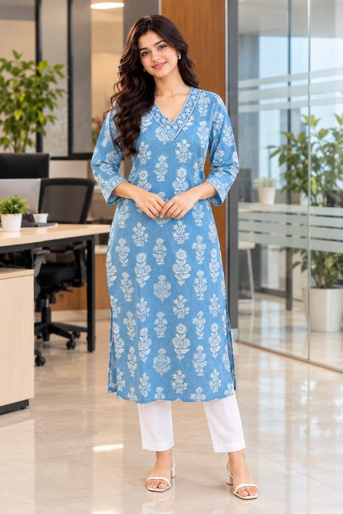 Sky Blue Pure Cotton Floral Block Printed Kurti