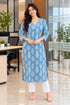 Sky Blue Pure Cotton Floral Block Printed Kurti