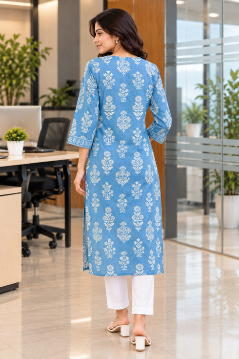 Sky Blue Pure Cotton Floral Block Printed Kurti