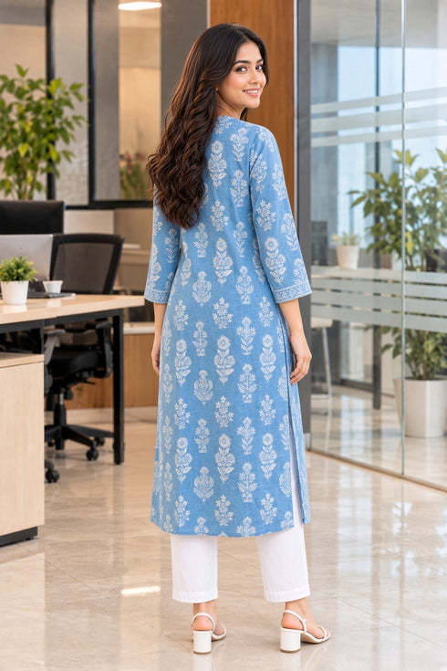 Sky Blue Pure Cotton Floral Block Printed Kurti