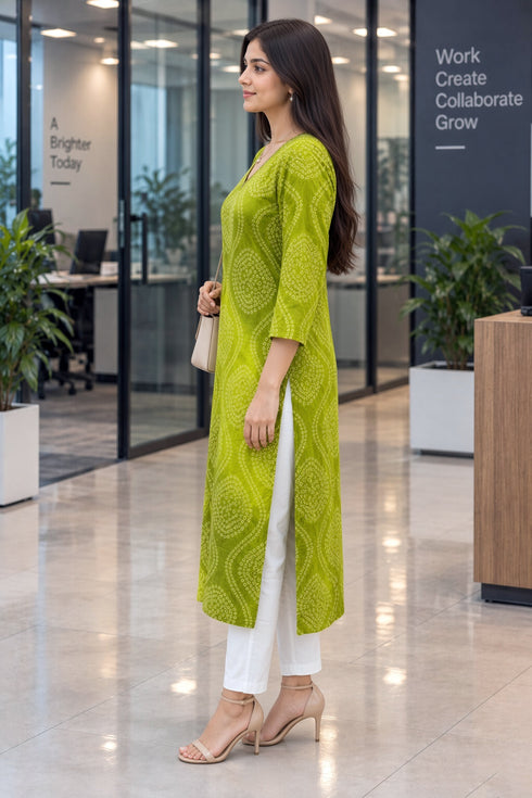 Parrot Green Pure Cotton Bandhej Printed Kurti