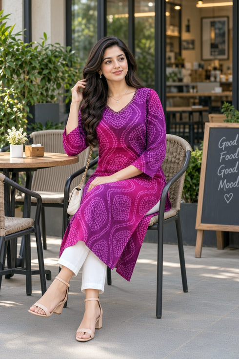 Purple & Pink Pure Cotton Bandhej Printed Kurti
