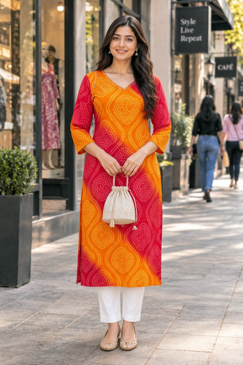 Orange & Red Pure Cotton Bandhej Printed Kurti