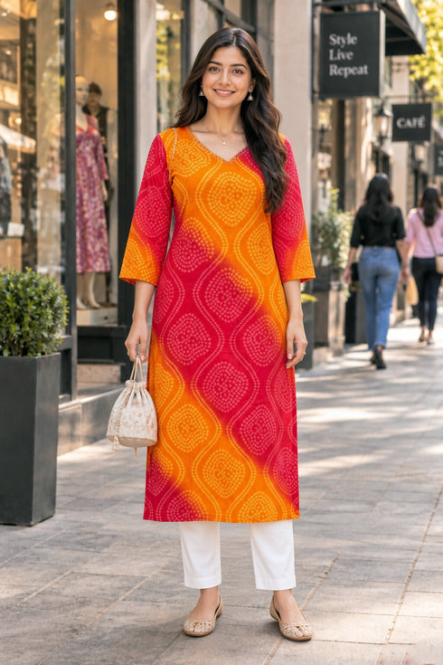 Orange & Red Pure Cotton Bandhej Printed Kurti