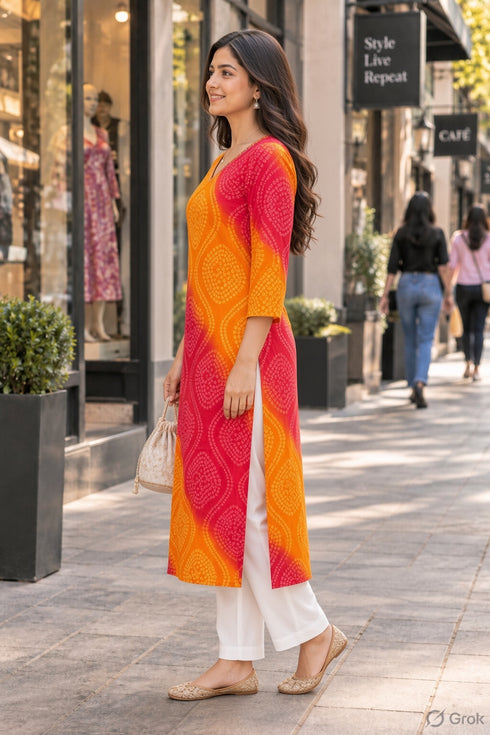 Orange & Red Pure Cotton Bandhej Printed Kurti