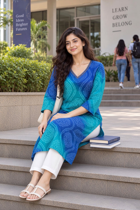 Blue Pure Cotton Bandhej Printed Kurti