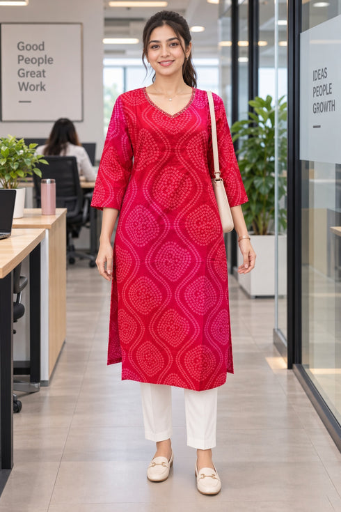 Pink & Red Pure Cotton Bandhej Printed Kurti