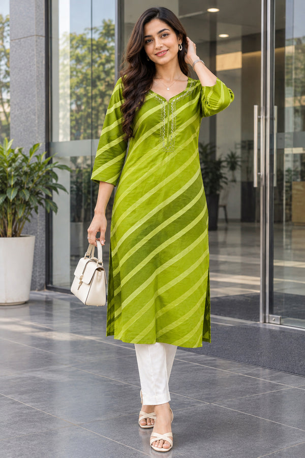Parrot Green Pure Cotton Ikat Printed Kurta For Women