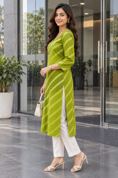 Parrot Green Pure Cotton Ikat Printed Kurta For Women