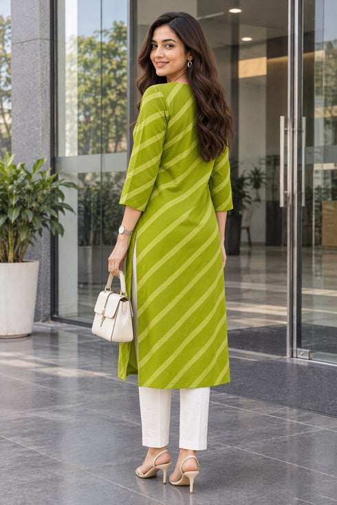Parrot Green Pure Cotton Ikat Printed Kurta For Women