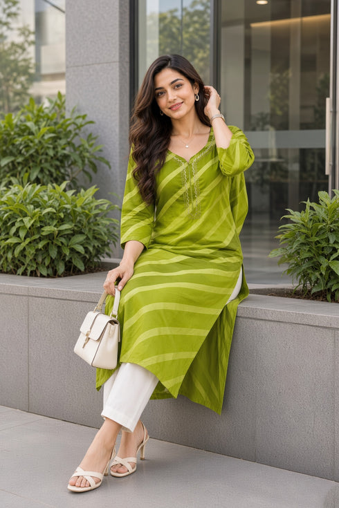 Parrot Green Pure Cotton Ikat Printed Kurta For Women