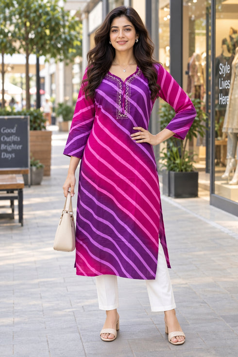 Purple & Pink Pure Cotton Ikat Printed Kurta For Women