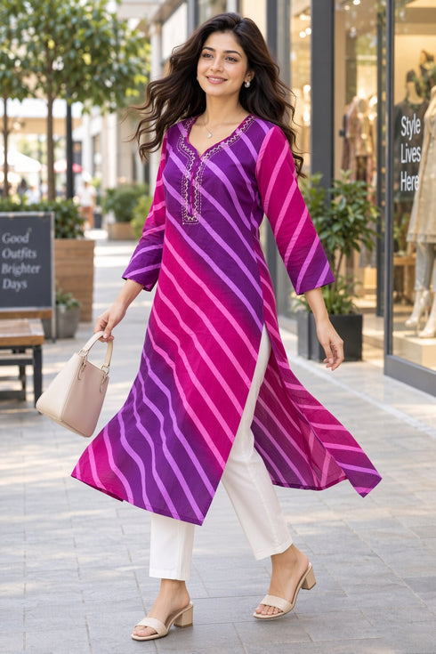 Purple & Pink Pure Cotton Ikat Printed Kurta For Women