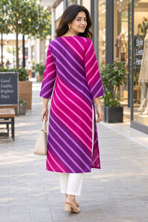Purple & Pink Pure Cotton Ikat Printed Kurta For Women