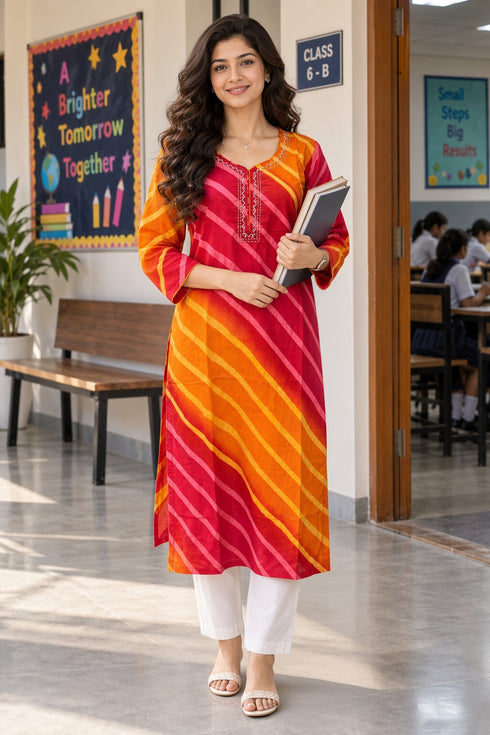 Orange & Red Pure Cotton Ikat Printed Kurta For Women