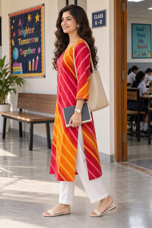 Orange & Red Pure Cotton Ikat Printed Kurta For Women