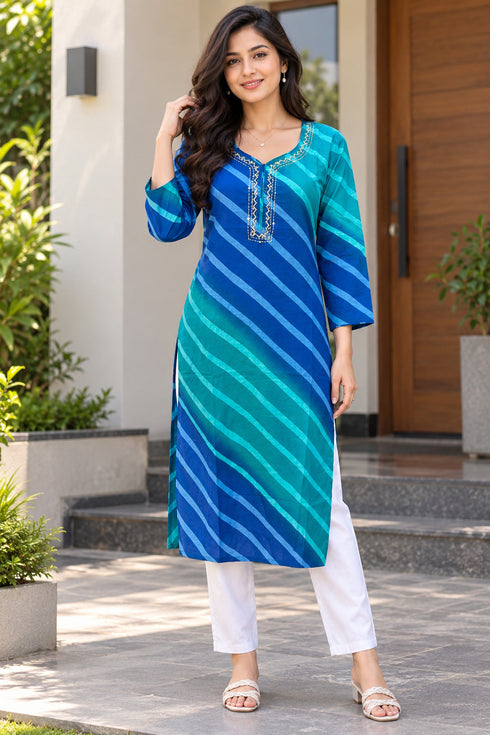 Blue Pure Cotton Ikat Printed Kurta For Women