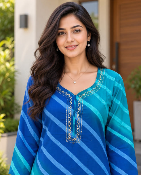 Blue Pure Cotton Ikat Printed Kurta For Women