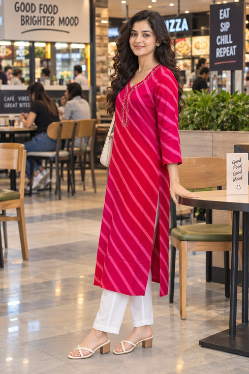 Pink & Red Pure Cotton Ikat Printed Kurta For Women