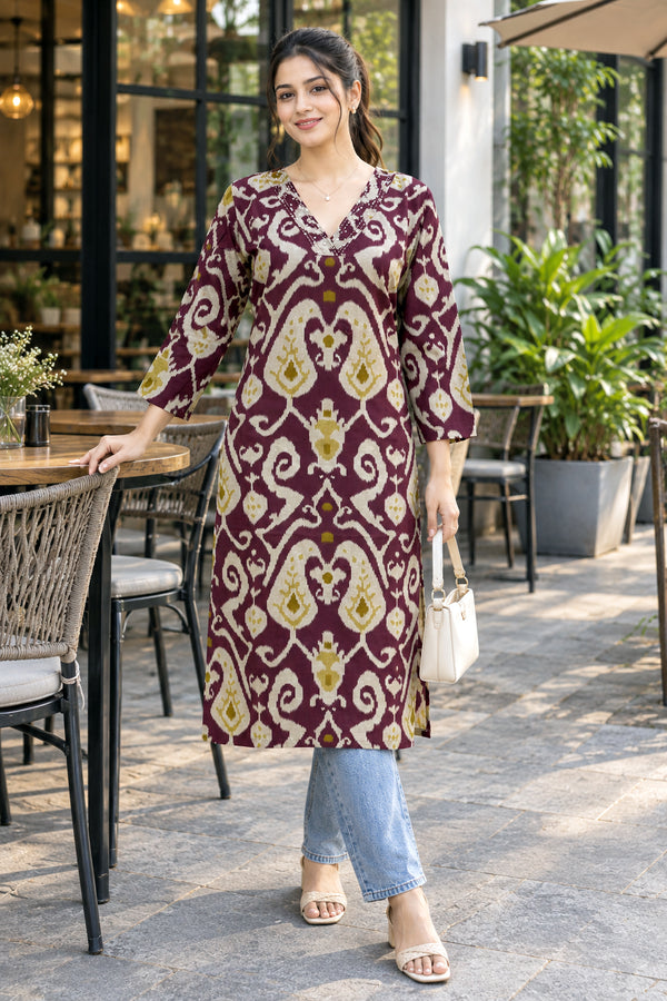 Wine Pure Cotton Ikat Printed Kurta For Women