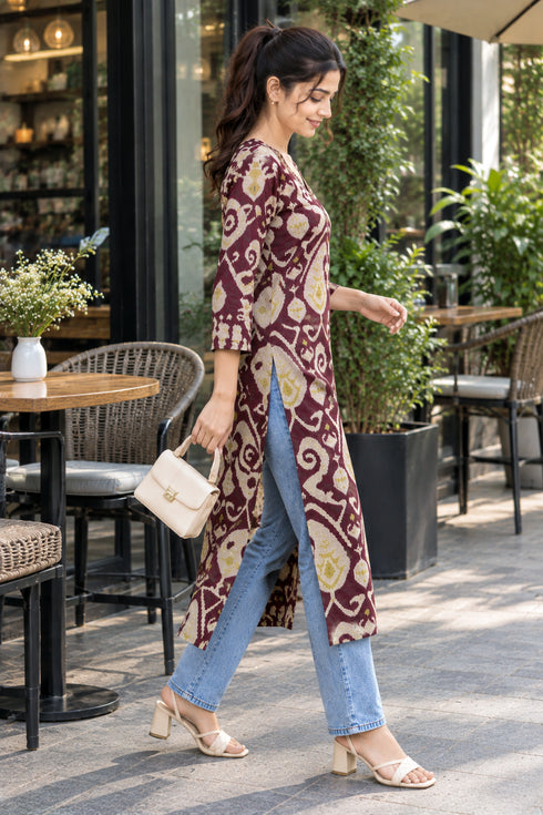 Wine Pure Cotton Ikat Printed Kurta For Women