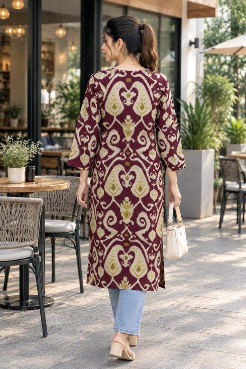 Wine Pure Cotton Ikat Printed Kurta For Women