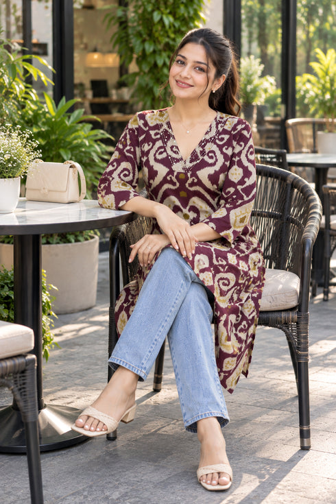Wine Pure Cotton Ikat Printed Kurta For Women