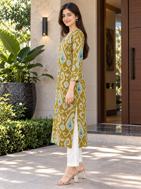 Mustard Yellow Pure Cotton Ikat Printed Kurta For Women
