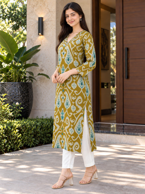 Mustard Yellow Pure Cotton Ikat Printed Kurta For Women