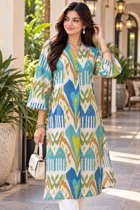 Blue & Beige Pure Cotton Ikat Printed Kurta For Women