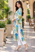 Blue & Beige Pure Cotton Ikat Printed Kurta For Women
