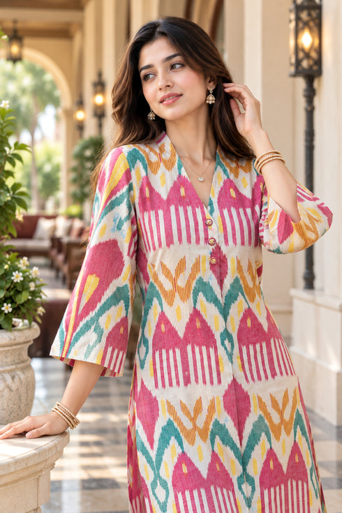 Pink & Beige Pure Cotton Ikat Printed Kurta For Women