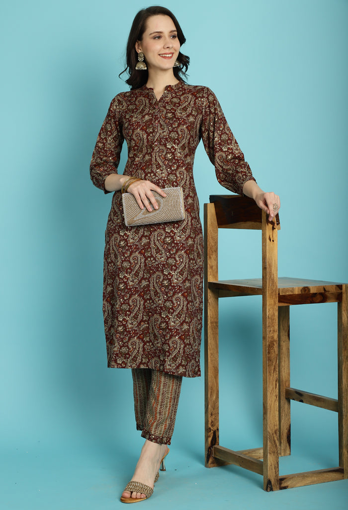 Maroon & Beige Rayon Jaipuri Printed Kurta With Pant